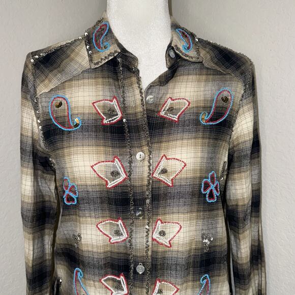 Miss Me Vintage Shirt Dress Women’s Small Brown Black Plaid Embroidered Beaded - Picture 3 of 11